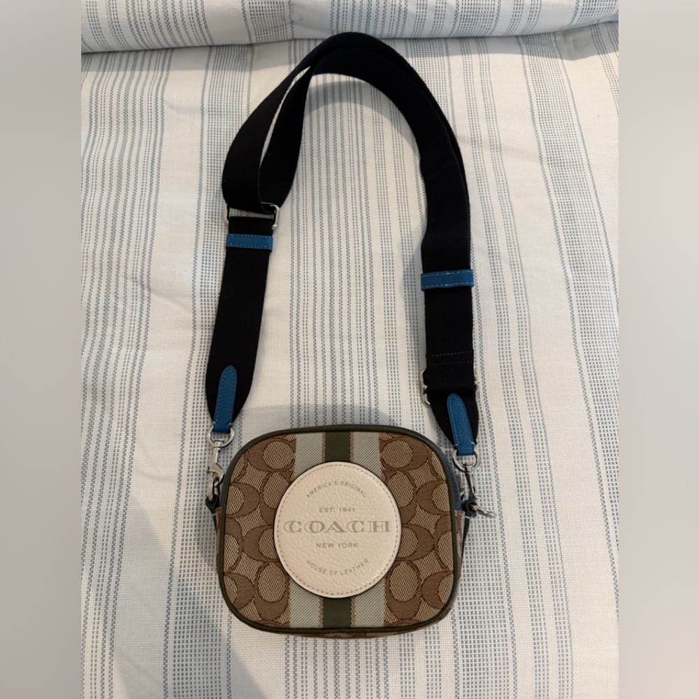 Coach Brown Signature Canvas Crossbody with Black Strap and Blue Trim